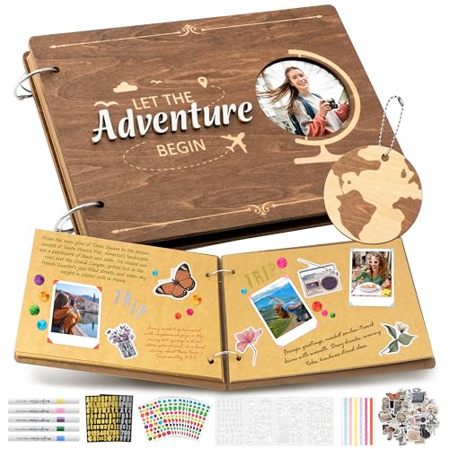 CY2SIDE Travel Photo Album Scrapbook - 111PCS Let The Adventure Begin Wooden Travel Scrapbook Craft Kit, Traveling Diary Photo Book DIY Handmade Souvenir Gifts for Adventure Lovers, Heartfelt Present - style: Travel
