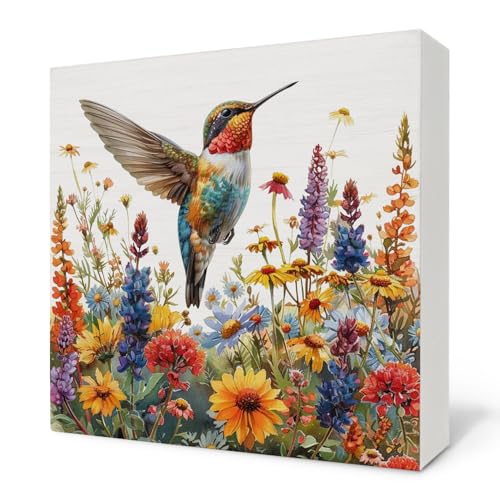 Hummingbird Decor Wooden Box Sign, Hummingbird Decor for Home, Spring Summer Hummingbird Colorful Flowers Wood Block Signs for Home Garden Patio Backyard Desk Table Shelf Decor, 5x5 Inch - color: Hummingbird01