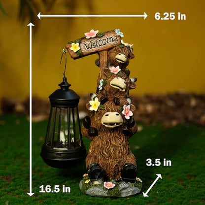 Solar Garden Statues Highland Cow Outdoor Decor Resin Highland Cow Figurine with LED Light Outside Lawn Yard Patio Balcony Gifts for Mom Women - size: 6*5*11 in