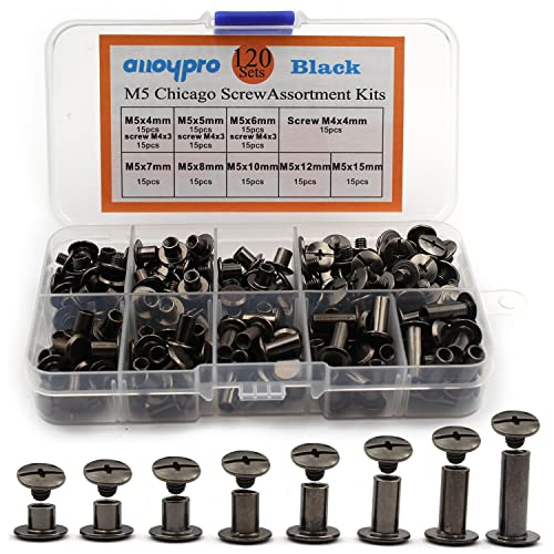 120Pcs Black Chicago Screws Assorted Kit 8Size Gun Metal Leather Rivets 3/16" Screw Rivet Phillip Head Book Binding Posts Nail Rivet Chicago Bolt for DIY Leather Craft (M5x4/5/6/7/8/10/12/15) - size: Gun Metal-4,5,6,7,8,10,12,15