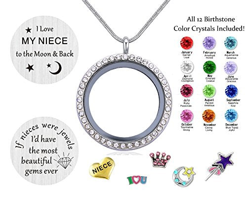 Beffy Locket Gifts for Niece Aunt, Floating Living Memory Necklace Pendant | Pendant Charm & Birthstone for Women, Mothers Day, Birthday, Stainless Steel - color: NiecesAunt-C001