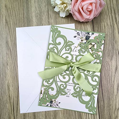 25PCS Laser Cut Wedding Invitations Cards with Envelopes,Blank Inner Sheets,Ribbons for Wedding Bridal Shower Quinceañera Engagement Birthday Invites (matte sage green) - color: matte sage green