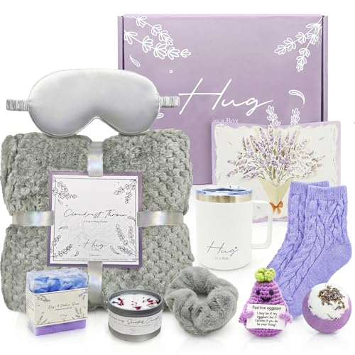 Birthday Gifts for Women, Self Care Hug in a Box Lavender Spa Gift Basket, Thinking of You Inspirational Gift for Wife Mom Sister New Mom or Friend with Flannel Blanket Knitted Positive Eggplant
