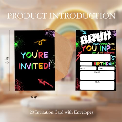 Boy Games Birthday Invitations for Boys Party Invites with Envelopes 20 - color: Neon Bruh You In