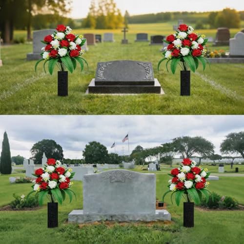 2 Sets Artificial Cemetery Flowers, Red + White - color: Red +White