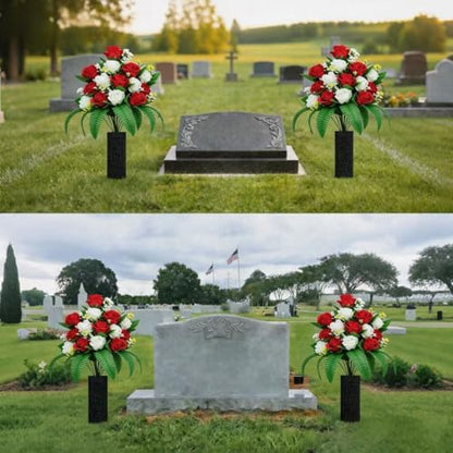 2 Sets Artificial Cemetery Flowers, Red + White - color: Red +White