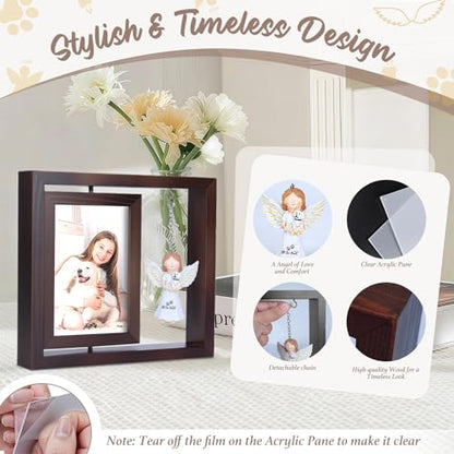 Rotating Wooden Picture Frame with Resin Angel for Loss of Dogs | Brown Loss of Dogs Cat Sympathy Gift, Holds 4x6 Photo, Pet Loss Remembrance Bereavement Keepsake, Dog Memorial Gifts - color: Brown