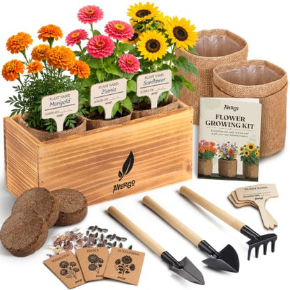 AVERGO Flower Seeds Growing Kit - Complete Indoor Plant Set | Complete Indoor & Outdoor Kit with Seeds for Planting, Planters, Soil, Tools, Instructions