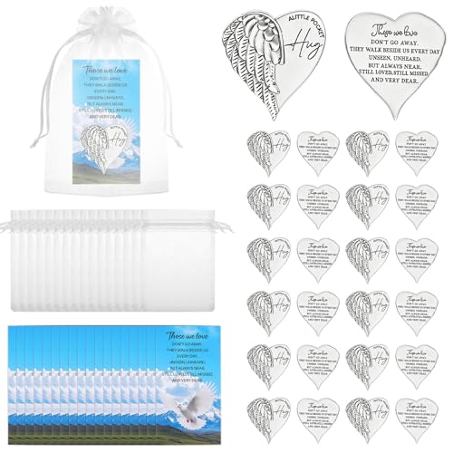 60 Sets Funeral Favors for Guests Metal Heart Pocket Hug Tokens Bulk | with Thank You Cards Celebration of Life Decorations Keepsake Memorial Gifts for Loss of Loved One Church Memorial Prayer