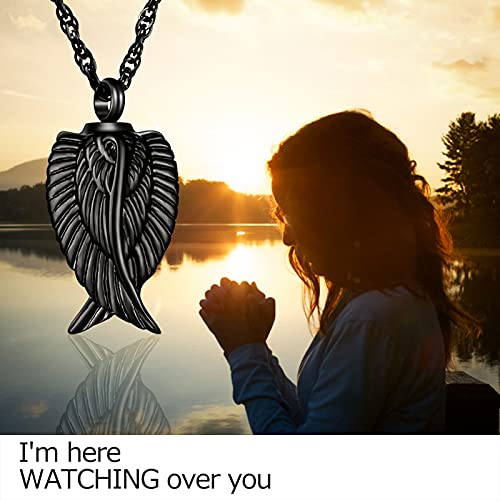 Angel Wing Cremation Necklace for Ashes Stainless Steel Urn Pendant Ashes Holder Memorial Jewelry-I’m Here WATCHING Over You - color: Black-Gift Box