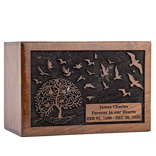 Personalized Urn for Human Ashes, Engraved Tree and Birds, X-Large | Hand-carved solid sheesham rosewood, screw-locked sliding base, engraving available, holds up to 380 lb - color: Engraved Tree With Birds, size: XL (340lbs or 170kg)
