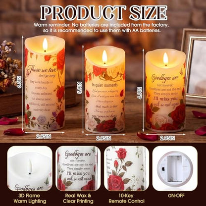 3 Pcs Flameless Memorial Candles Sympathy Gifts for Loss of Loved One, Real Wax LED Candle Bereavement Candles for Loss of Mother, Father, Remembrance and Sympathy Gift (Rose Style)