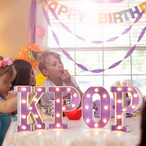 4 Pcs Kpop Birthday Decorations Purple 8.6 Inch Kpop LED Letter Lights Pop Prom Party Supplies Music Theme Anniversary for Character Fans Super Singer Birthday Decorations for Wall Shelf Table - style: Kpop