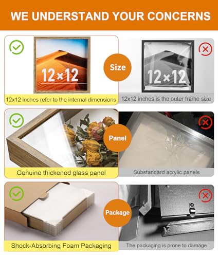 12x12 Shadow Box Frame with Ultra-Clear Glass & Soft Linen Back | With Push Pins and Stand, Deep 1.5" Brown Shadow Box Display Case – Display on Tabletop or Wall for Photo, Wedding, Keepsake - color: Brown+high Definition Panel + Shatter-proof Packaging,