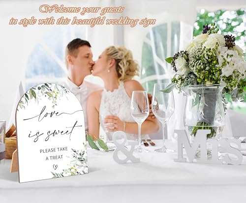 Greenery Love is Sweet Sign, Wedding Ceremony Signs, 6 x 8 Inch Arch Wooden Tabletop Sign with Stand, Wedding Reception Decoration Supplies (PZ05) - color: Love is Sweet