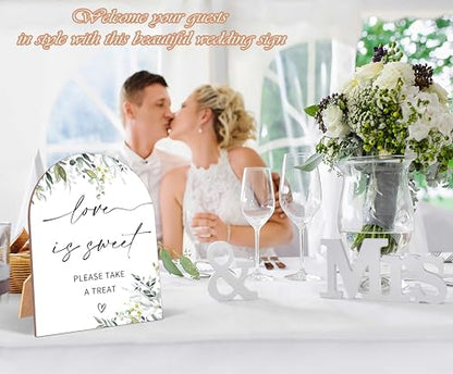 Greenery Love is Sweet Sign, Wedding Ceremony Signs, 6 x 8 Inch Arch Wooden Tabletop Sign with Stand, Wedding Reception Decoration Supplies (PZ05) - color: Love is Sweet
