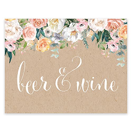 Andaz Press Peach Kraft Brown Rustic Floral Garden Party Wedding Collection, Party Signs, Beer & Wine Bar Sign, 8.5x11-inch, 1-Pack - color: Alcohol Beer & Wine