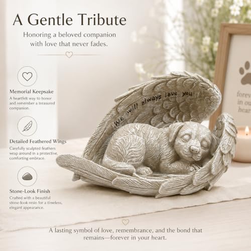 Comfy Hour 8.2 Inch Dog Angel Statue, Sleeping Pet Memorial | Dog Bereavement Gift, Angel Wings, Gray Resin, We Will Always Love You Inscription, Shelf Or Mantel Decor