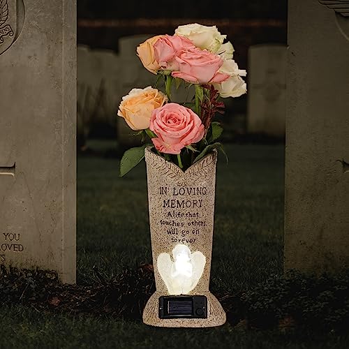 Solar Memorial Cemetery Flower Vase with LED for Fresh/Artificial Cemetery Grave Decorations Angel Statue Vase with Spikes Gravestone Decor - style: Angel