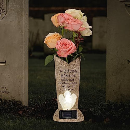 Solar Memorial Cemetery Flower Vase with LED for Fresh/Artificial Cemetery Grave Decorations Angel Statue Vase with Spikes Gravestone Decor - style: Angel