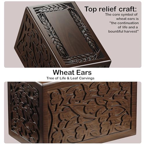 Tree of Life Wooden Cremation Urn for Human Ashes Adult Men Women & Pet | 250 lbs Handcrafted Funeral Urn. Decorative Walnut, Velvet Lining, Secure Locking Base. Large Memorial for Men Women & Pet