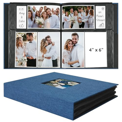 Vienrose Fabric Cover Photo Album 4x6 with Front Window, 300 Picture Pockets and 100 Message Card Slots for Wedding Baby Family, Blue - color: Blue, size: 300 Pockets