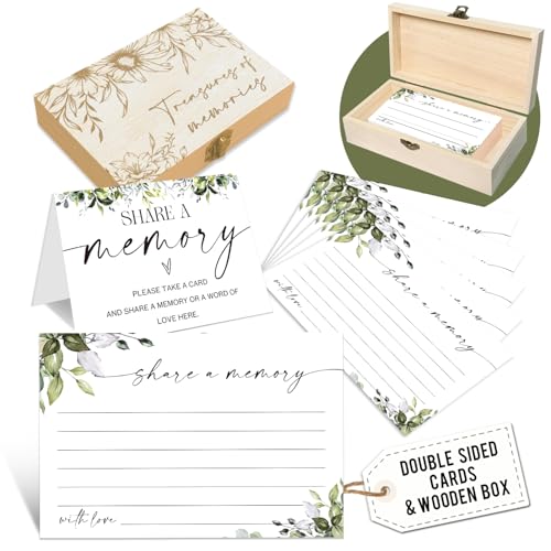 Memory Box for Funeral, Share a Memory Cards with Box - 50 Eucalyptus Cards, Wooden Keepsake Holder, Guest Book Idea for Memorial Service, Celebration of Life, Wedding, Birthday -A03 - color: B White