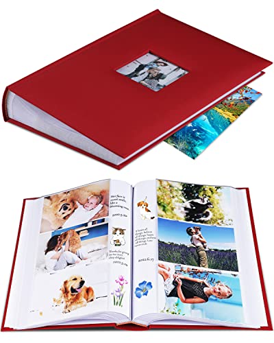 1DOT2 Photo Album for 4x6 Pictures with Writing Space, Red | Holds 402 Photos,Linen Cover with Front Window, Acid-free Inner Pages, Ideal for Marriage Children Travel Family - color: Red