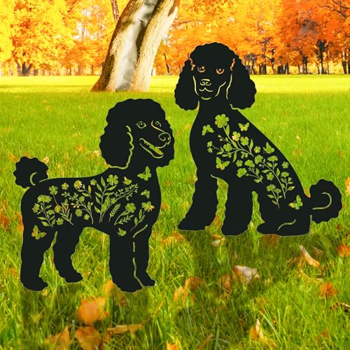 Rngmsi Poodle Metal Garden Stakes Yard Decor, 2PCS Black Poodle Dog Silhouette Statues Garden Decorative Gifts for Yard Art, Patio, Outside, Lawn Ornaments, Christmas, Backyard, Pathway - style: Poodle 1