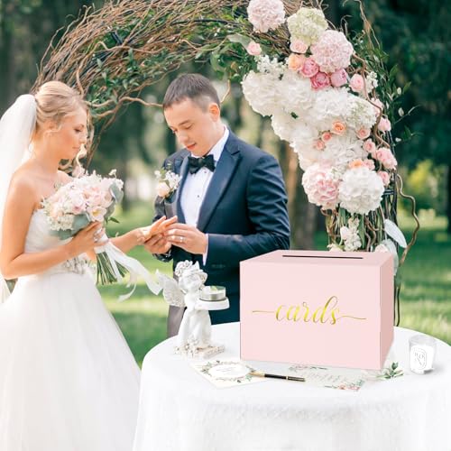 Mulbozy Pink Wedding Card Box, Pink Gift Cards Box Holder with Gold Foil - color: Pink(Gold)