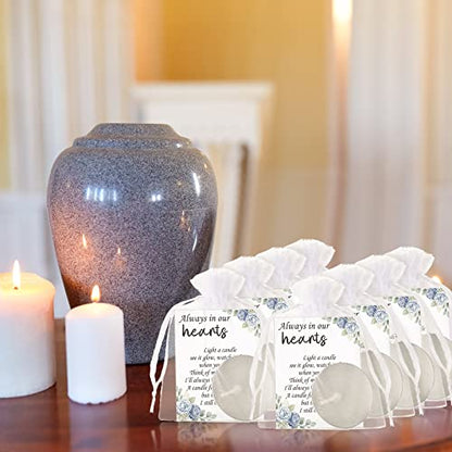 50 Set Funeral Party Favors Memorial White Candles Unscented Funeral Gifts Tealight Candles with Condolence Bereavement Cards and Organza Bags for Guest Celebration of Life Decorations (Elegant) - style: Elegant