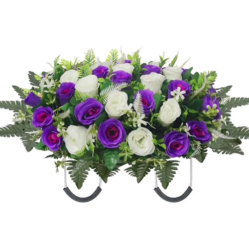 Artificial Cemetery Flowers for Grave,Headstone Flower Saddle for Tombstone Headstone Decorations Non-Fading Easy Fit (Purple White) - color: Purple White