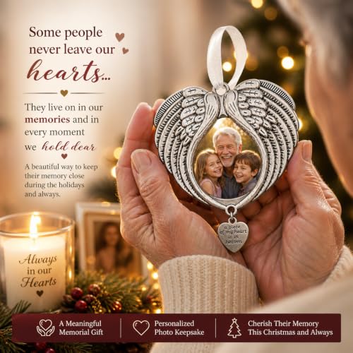 Christmas Ornaments Angel Wings - New A Piece of My Heart is in Heaven Ornament for Christmas Tree with Photo Frame - Double Sided Memorial Ornament for Loss of Loved One - | New A Piece of My Heart is in Heaven, Tree with Photo Frame, Double Sided, Loss