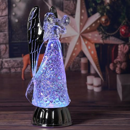 12" Angel Snow Globe Christmas Decor Light up Angel Figurines with 6 Hour Timer USB/Battery Operated Snowglobes with Silver Angels Wings