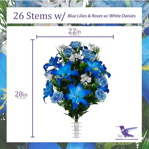 Sympathy Silks Artificial Cemetery Flowers - Gravesite Flowers - Blue Lily and Rose with White Daisies - color: Blue, size: Bouquet