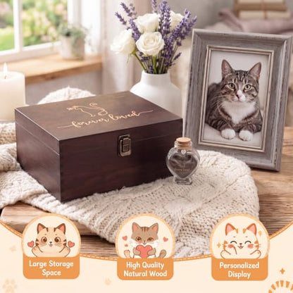 Pet Memorial Box Loss of Dog Cat Personalized Sympathy Gift Wooden Urn Ashes Box and Memorial Bottle for Pet Hair Memory Keepsake Fur Forever Loved Always in Heart Remembrance Gifts (Cat)