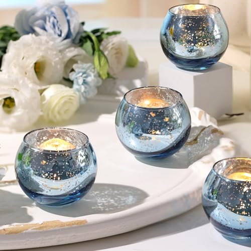 Volens Round Blue Votive Candle Holder Set of 12, Mercury Glass Votives | Blue Wedding Centerpiece Table Decorations, Tealight Candle Holder for Bridal Shower, Baby Shower & Home Decor - color: Blue, size: 12 PACK