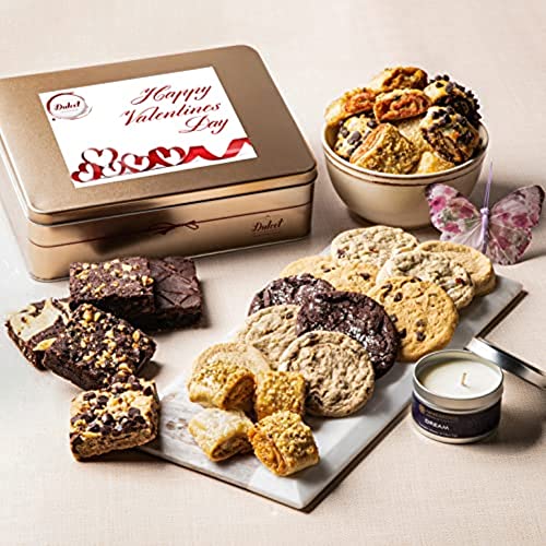 Dulcet Gift Baskets Happy Valentines Aroma Therapy Candle Gift Box ‘Classic Tin Treats Within’ Featuring a Variety of Brownies and Cookies Love Gift Idea for Him and Her with On time Delivery - color: Valentine's Day