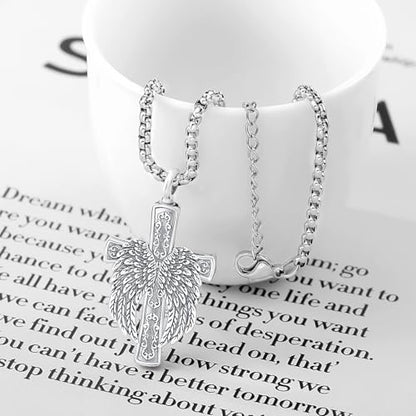 Aniu S925 Sterling Silver Urn Necklace Cremation Jewelry for Ashes - color: Cross Angel Wing-C
