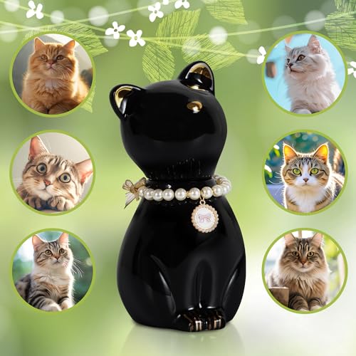 Cat Urns for Ashes, Elegant Ceramics Pets Cremation Keepsake | Funerary Urns Black Pet Urn for Cats Memorial Box with Personalized Necklace (15lbs)
