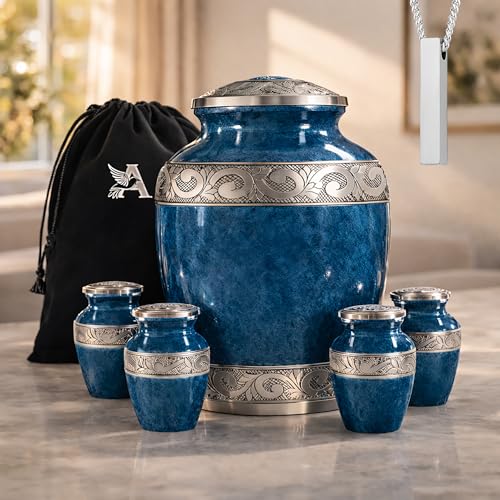 Set of 6 Ocean Blue Marble Decorative Funeral Urns for Ashes Adult Male & Female Includes 1 Large Urn with 4 Small Keepsakes & 1 Necklace for Ashes - color: Dark Marble Blue Set