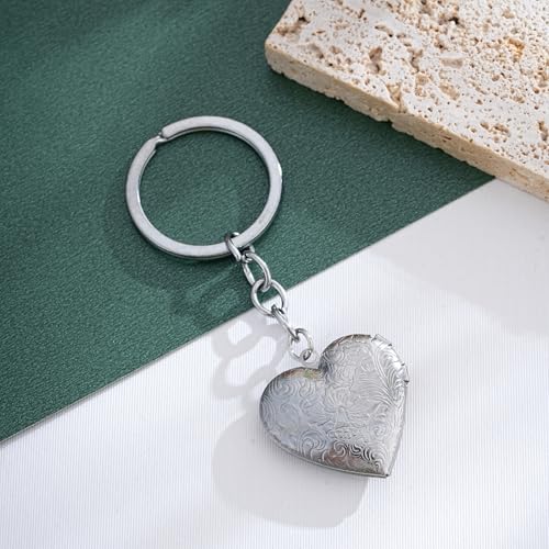 2PCS Elegant Heart Locket Keychain with Decorative Chain Stainless steel, Heart Pattern Design, Photo Frame Pendant - color: Heart-3