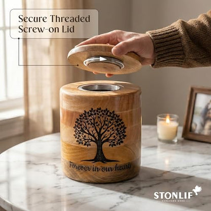 Large Wooden Cremation Urn for Human Ashes – 200 Cubic Inch Tree of Life Engraved Memorial Urn, Natural Wood, Adult Male Female - size: Large 200 Cu In