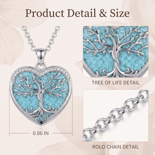 Heart Photo Locket Necklace 14K White Gold Plated Tree of Life Memory Necklace with Picture Turquoise Locket necklace with Picture Inside Tree of Life Jewelry Keepsake Memorial Gifts for Women