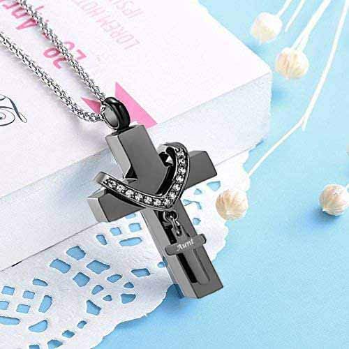 Black Cross Urn Necklaces for Ashes Cremation Crucifix Keepsake Memorial Pendant Necklace - style: Aunt
