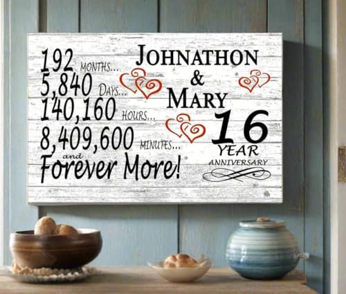 Personalized 16 Year Anniversary Sign Gift 16th Wedding Anniversary Present For Couple Days Minutes Years - Solid Wood - 16.5in x 10.5in x .75in (16 Year) - color: 16 Year