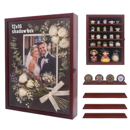 GMFrames 12x16 Wooden Shadow Box Frame with Removable Shelves Deep Display Case for Military Medals Keepsakes Cherry - color: Cherry, size: 12x16