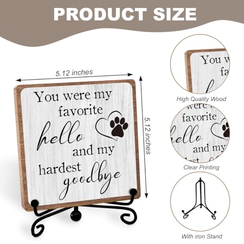 Pet Sympathy Gift for Women, Desk Shelf Decor for Loss of Loved One, 5×5 | Remembrance of Dog Cat, Condolence Gifts for Friend, Pet Memorial Bereavement Healing Keepsake for Dog Loss, Wooden Sign - style: Hello goodbye