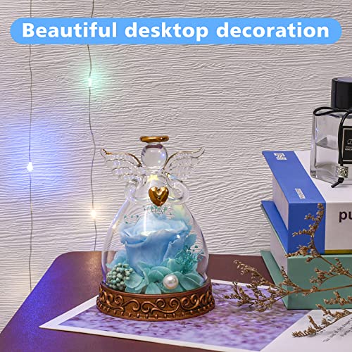 Preserved Real Rose in Glass Angel Figurine with LED Light, Angel Gifts for Women, Mom, Grandma on Mother's Day Christmas Birthday (Blue) - color: Blue
