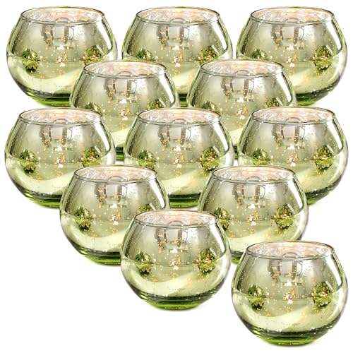 12 Pcs Green Candle Holder for Wedding Decor- Sage Green Mercury Glass Votives for Bridal Shower, Tea Party Table Centerpieces, Vintage Rustic Wedding - color: Green